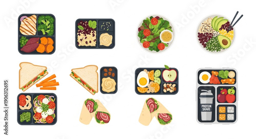 Collection of healthy lunch boxes and sandwiches for meals.