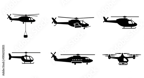 Collection of Helicopter Silhouettes and Drone Illustration.