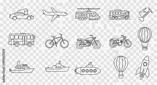 Collection of hand-drawn transportation vehicles and modes of travel.