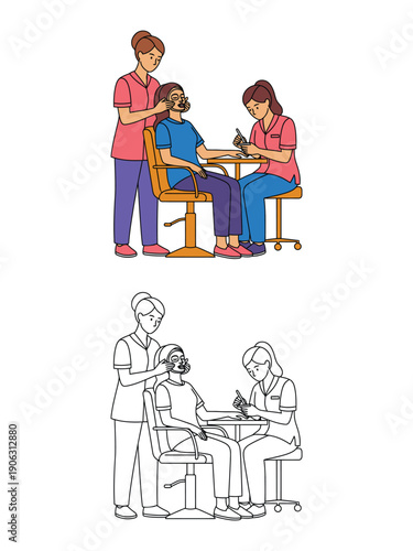 Color and outline illustrations of spa professionals providing facial mask and manicure services