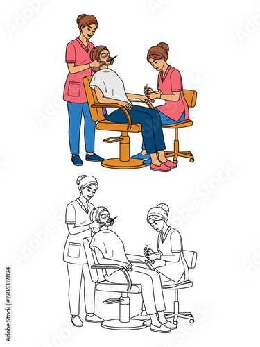 Color and line images showing beauty specialists attending to client for facial and nail treatments