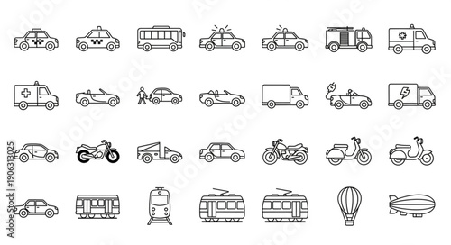 Collection of hand-drawn vehicle icons representing diverse transportation modes.
