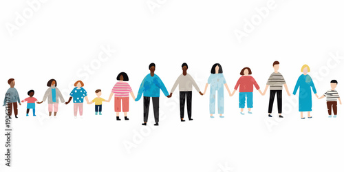 Diverse group of people holding hands in a line illustration