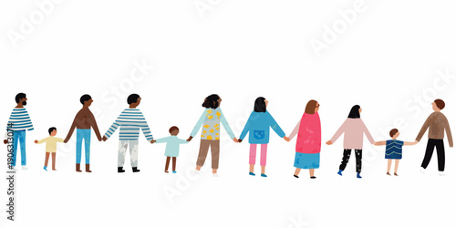 Diverse group of people holding hands in a connected line illustration