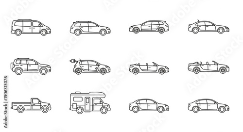 Collection of hand-drawn vehicle illustrations in a grid.