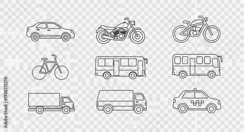 Collection of hand-drawn vehicle illustrations on transparent background.
