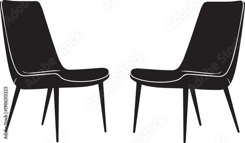 A pair of modern black chairs with white outlines on a plain background