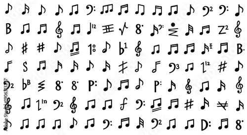 Collection of black musical notes and symbols on white background