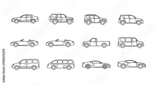Collection of hand-drawn vehicle outlines in black and white.
