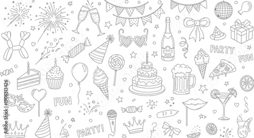 Vibrant party celebration elements with festive icons and treats