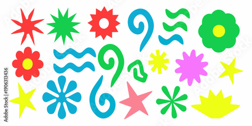 Colorful abstract floral and star shapes arranged on a white background