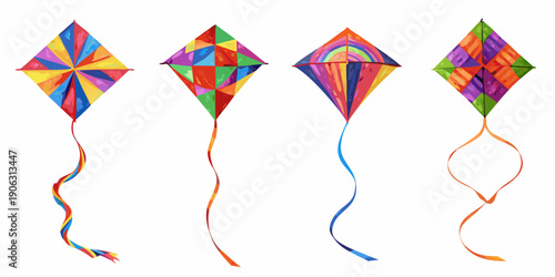 Four colorful diamond kites arranged in a row against a white background