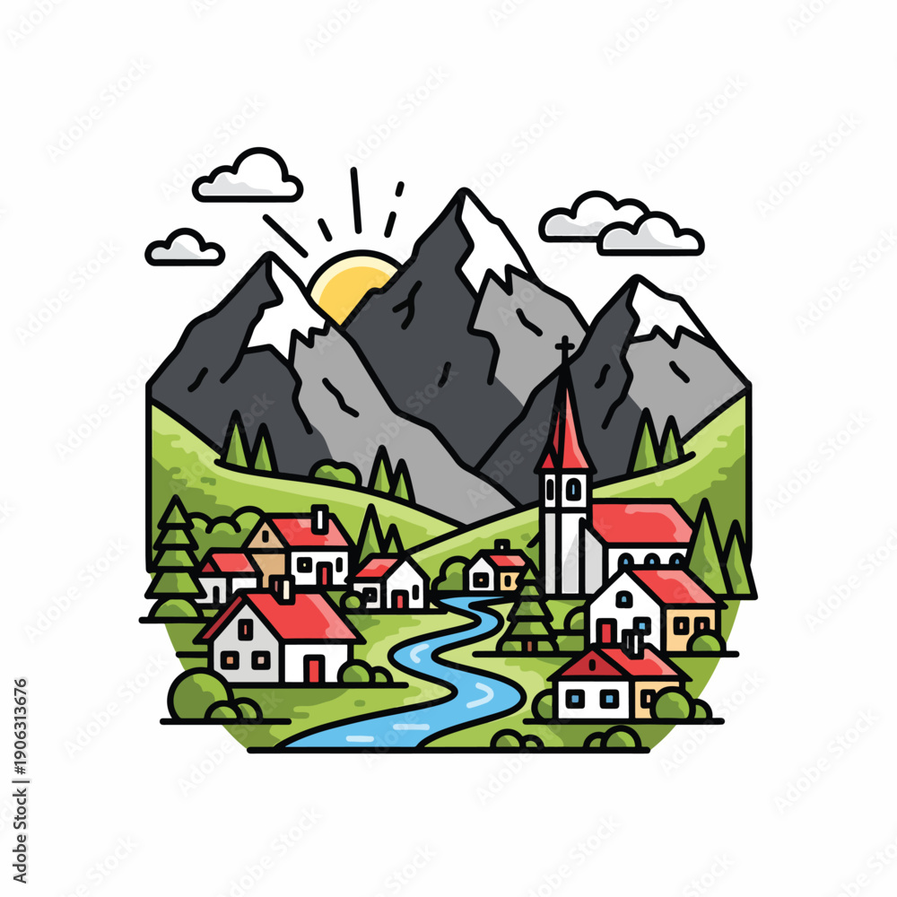 Obraz premium A cartoon village nestled between mountains and a river