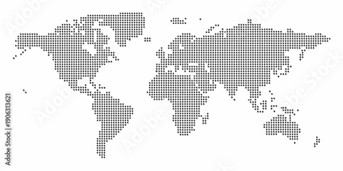 A dotted world map illustration showing continents and oceans