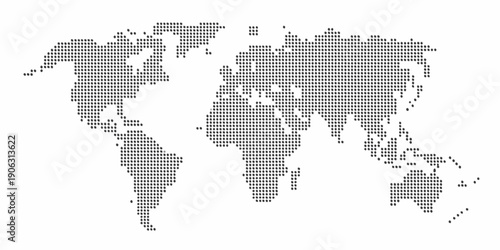A dotted world map illustration showing continents and oceans