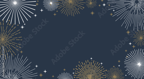 Elegant fireworks display on dark blue background with gold and silver accents