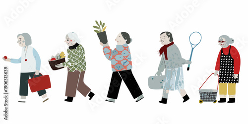 A charming illustration depicts six diverse active senior women walking