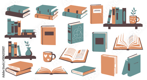 Vibrant book collection with open volumes and coffee cups on shelves