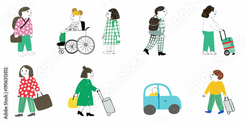 Diverse group of illustrated people traveling with luggage and mobility aids