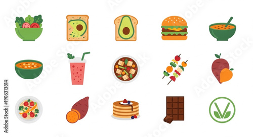 Collection of healthy and delicious food icons in flat design style.