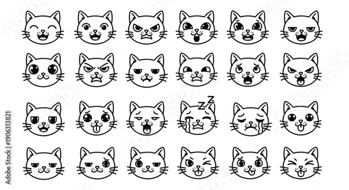 Collection of cute cartoon cat faces with various happy and funny expressions