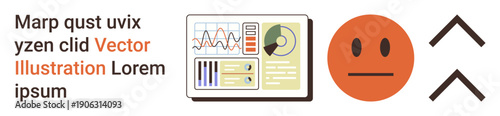 Data analytics, emotions, sentiment analysis, graphic design, performance feedback, business tools. A graph-filled dashboard, neutral face emoticon and arrows. Data analytics and sentiment analysis