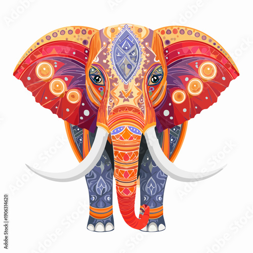Vibrant and ornate elephant head illustration with intricate colorful patterns and traditional Indian design elements, celebrating cultural artistry and symbolism