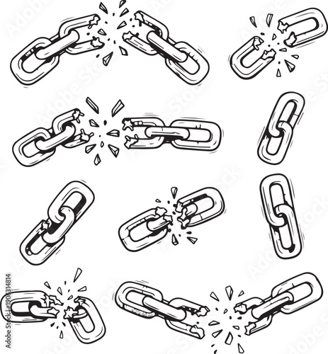 Collection of broken chain links, symbolizing disconnection, failure, or freedom from constraints, in a dramatic illustration style.