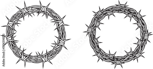 Crowns of thorns made of barbed wire, depicted in a realistic silhouette, evoking themes of suffering, sacrifice, or religious symbolism.