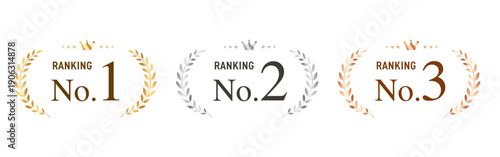 ランキング番号の月桂樹バッジセット（金・銀・銅／No.1・No.2・No.3）ベクター