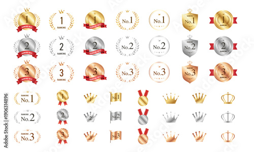ランキング　バッジ　アワード　メダル　月桂樹　アイコンセット（金・銀・銅）ベクター