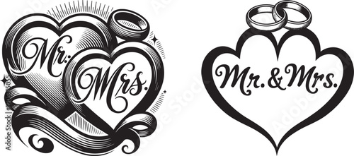 Wedding symbols: intertwined hearts with rings and elegant calligraphy for 'Mr. & Mrs.'
