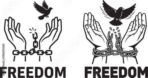 Powerful imagery of hands breaking chains with a dove flying free, symbolizing liberation and freedom.
