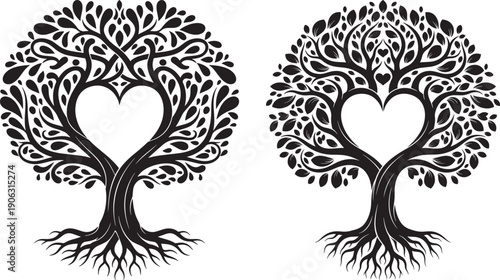 Intricate heart-shaped tree of life with roots and leaves in a detailed silhouette, representing growth, love, and connection.