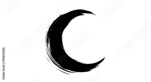 Black ink brush stroke crescent moon symbol, isolated on transparent background for design