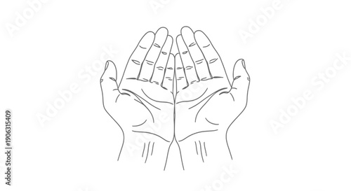 Outline drawing of open human hands in prayer position on transparent background