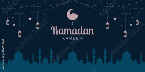 Ramadan Kareem horizontal vector banner, text in middle with lantern and Mosque. Ramadan Kareem horizontal vector banner, text in middle with lantern and Mosque