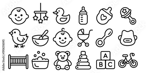 Adorable baby items and accessories collection icon set in clean line art style, featuring toys, clothing, care products, and essentials for modern design