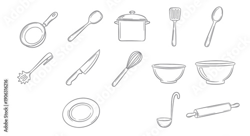 Hand drawn line art kitchen utensils and cookware set illustration.