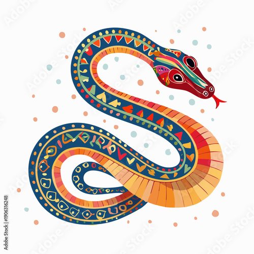 A vibrantly colored and intricately patterned snake illustration, coiled in a circular design with abstract motifs and a red tongue