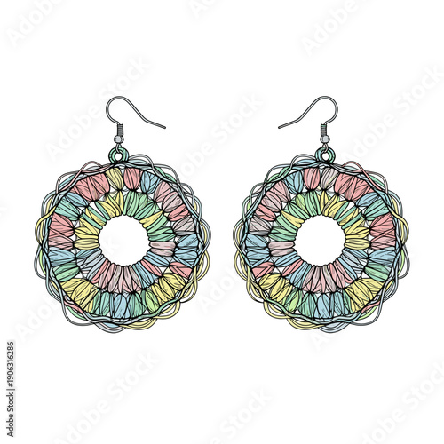 Colorful crochet earrings with intricate design isolated on a white background, showcasing vibrant circular patterns and delicate craftsmanship