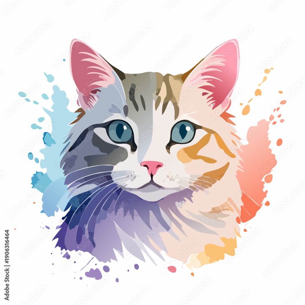 Fototapeta premium Vibrant Watercolor Portrait of a Cat's Face with Splashes of Color