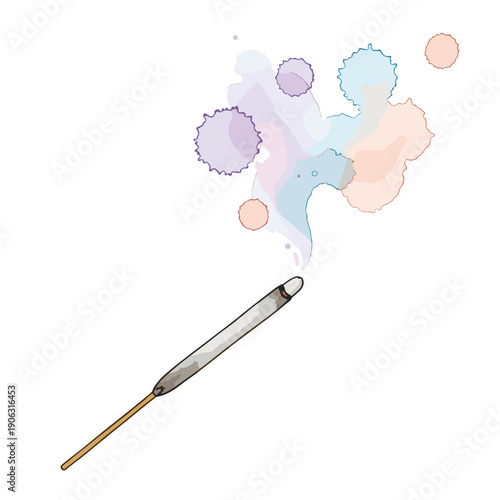 Sandalwood incense stick emitting colorful swirls of smoke, isolated on a white background in a minimalist artistic illustration