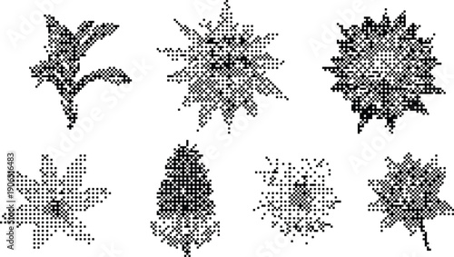 Set of pixelated halftone leaf and sun icons with black and white stipple texture and dithered grain effect