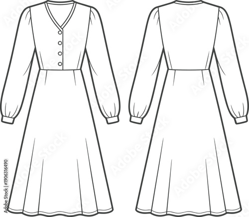 Long sleeve women midi dress technical fashion flat sketch with front and back views, buttoned bodice, V neck, elastic cuffs, and flowing A line silhouette