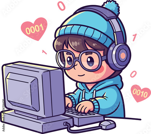 Happy coder surrounded by binary hearts perfect for technology, computer, coding, programming, valentines day, love, and software development concepts.