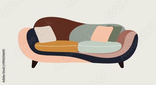 A modern, abstract-style sofa with rounded edges and colorful plush cushions, showcasing contemporary furniture design and interior decor aesthetics