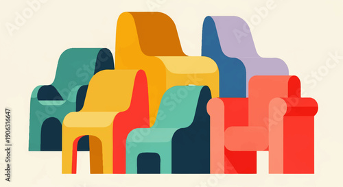 A collection of colorful, modern chairs arranged together, showcasing a variety of designs and sizes