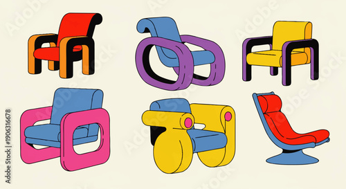 Collection of contemporary, colorful, abstract armchair designs illustrating modern interior design aesthetics
