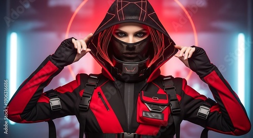 Female operative wearing futuristic tactical gear poses under vibrant neon lighting